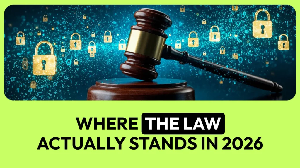 Illustration explaining the legal status of AI NSFW video generators in 2026, including consent laws, deepfake regulations, privacy rights, and AI content compliance.