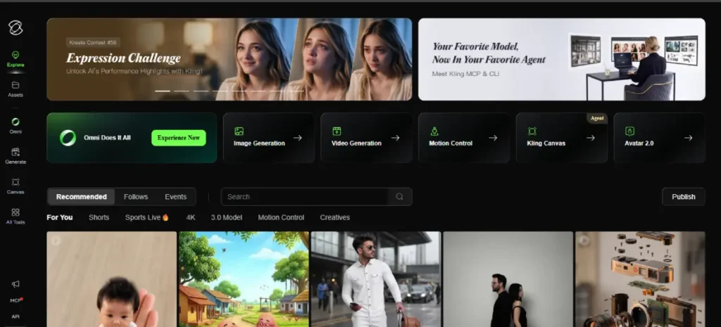 Screenshot of the Kling AI homepage showcasing its AI video generator, image-to-video tools, and creative studio interface, featured in our list of the 5+ best AI video generators of 2026.
