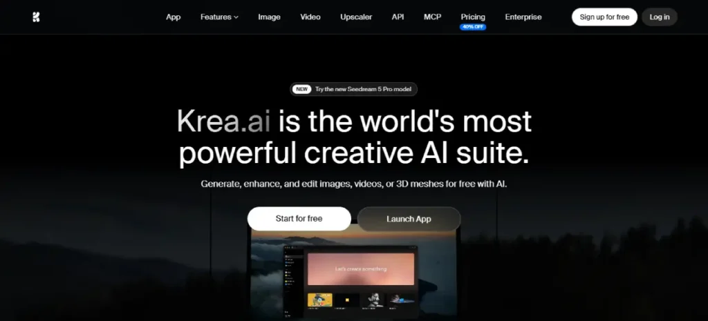 Screenshot of the Krea AI homepage showcasing its AI video generator, real-time image generation, image-to-video tools, and creative design platform, featured in our list of the 5+ best AI video generators of 2026.