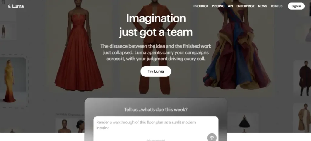 Screenshot of the Luma AI homepage showcasing its AI video generator, image-to-video tools, and Dream Machine platform, featured in our list of the 5+ best AI video generators of 2026.