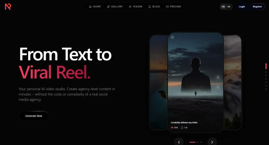 NextReel AI video generator interface for creating Instagram Reels and AI-powered short-form videos