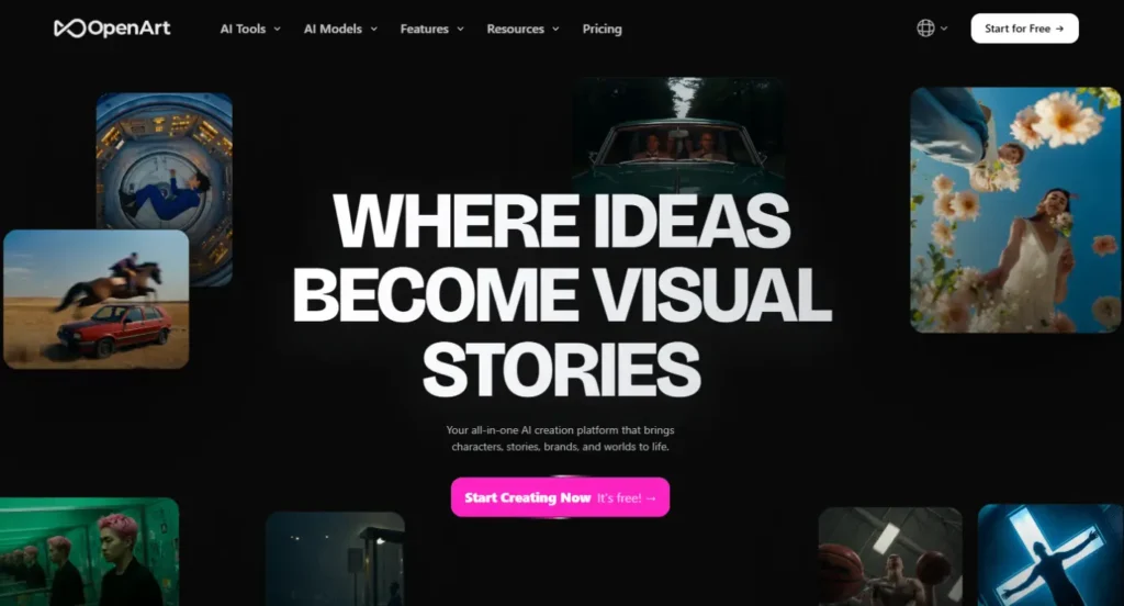 OpenArt AI video generator interface for creating Instagram Reels, AI animations, and short-form videos