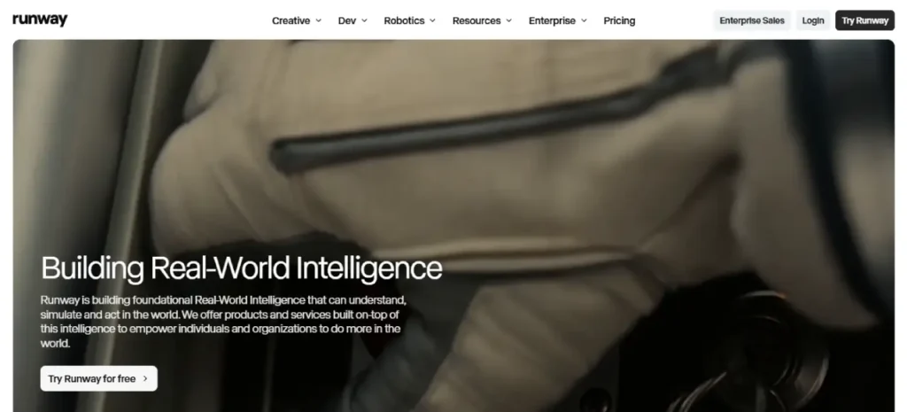 Screenshot of the Runway homepage showcasing its AI video generator, video editing tools, and creative AI platform, featured in our list of the 5+ best AI video generators of 2026.