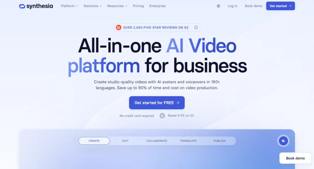 Synthesia AI video generator interface for creating AI avatar videos and Instagram Reels