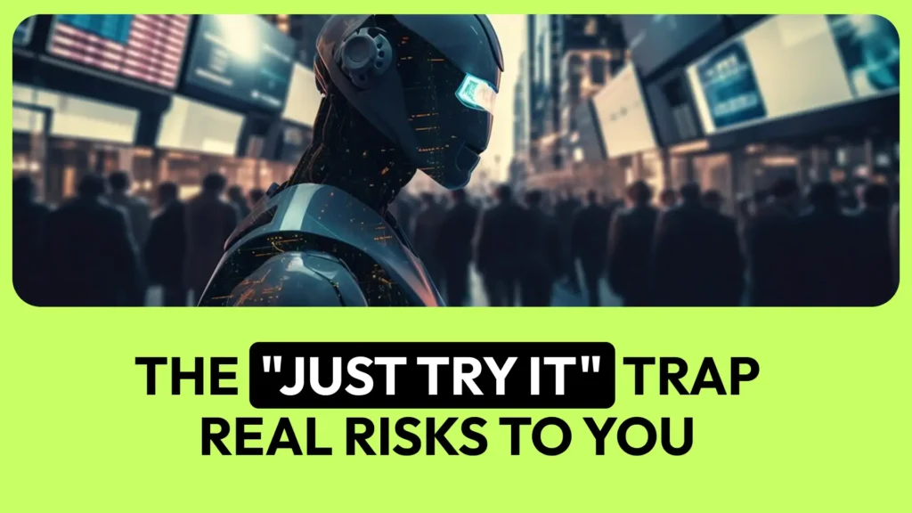 Illustration showing the real risks of using AI NSFW video generators, including privacy breaches, scams, malware, account bans, legal consequences, and data security concerns.