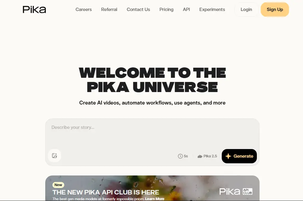 Pika 2.5 image to video generator free tier interface